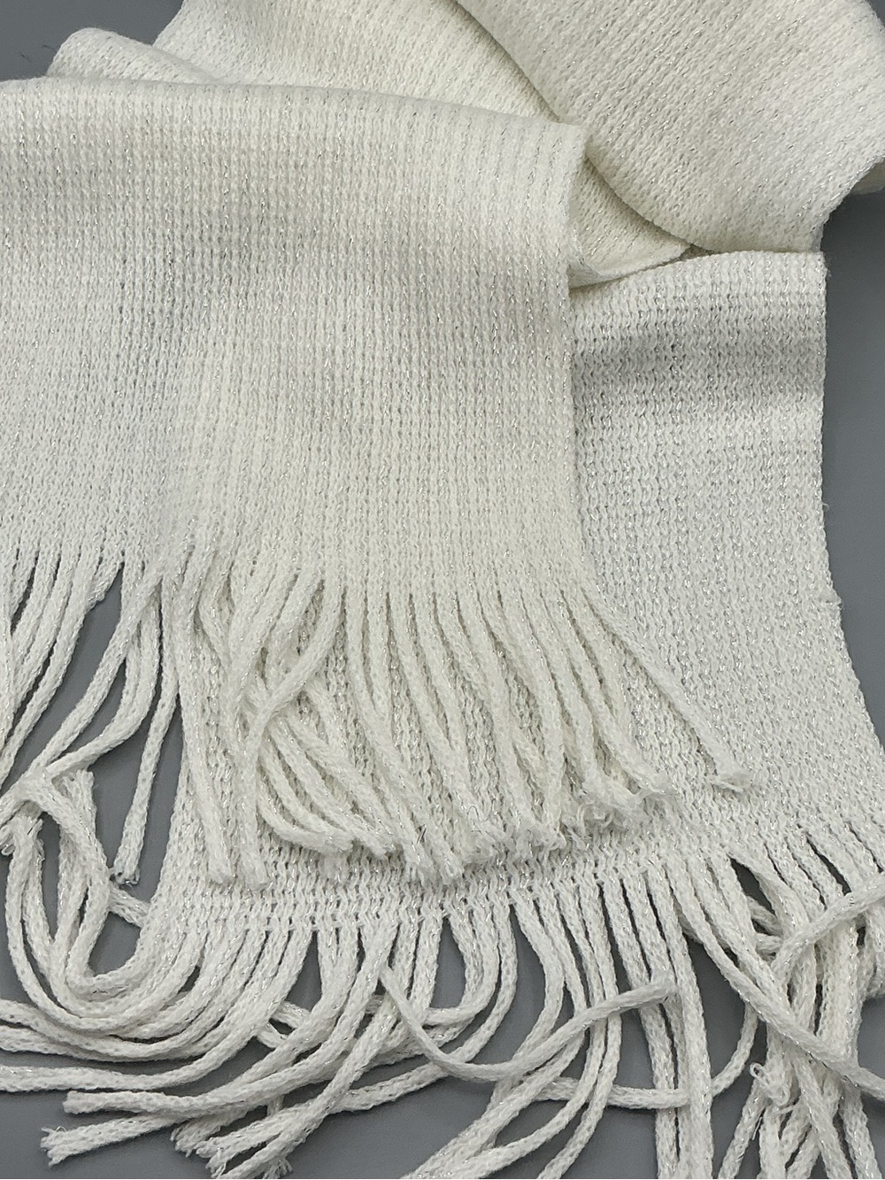 OSFM White Silver Knit Fringe Scarf